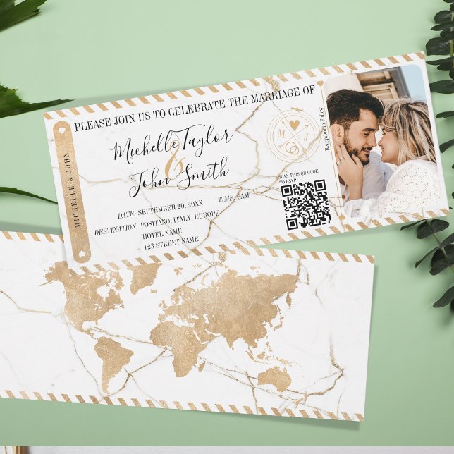 Convite Código QR de Embarque Dourado de Casamento de Dest (gold world map and marble boarding pass invitation)