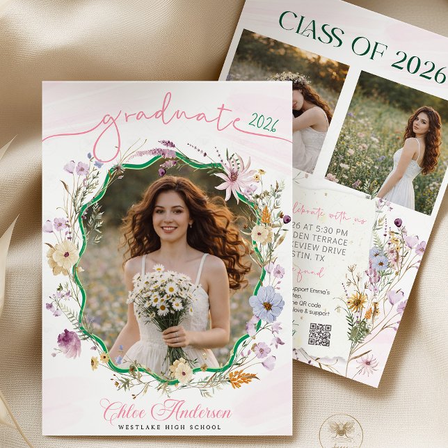 Convite Código QR de festa de formatura Flor silvestre (graduation invitation, qr code invite, wildflower invitation, boho graduation, floral invite, gradua)