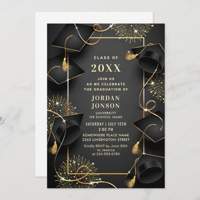 Convite Código QR de Festa de formatura Preta do Ouro Mode (Frente/Verso)