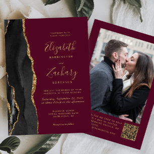 Convite Código QR de Foto Ágata Dourada Preta Casamento Bo