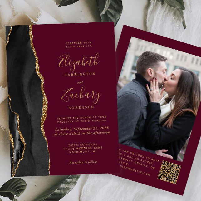 Convite Código QR de Foto Ágata Dourada Preta Casamento Bo (Criador carregado)