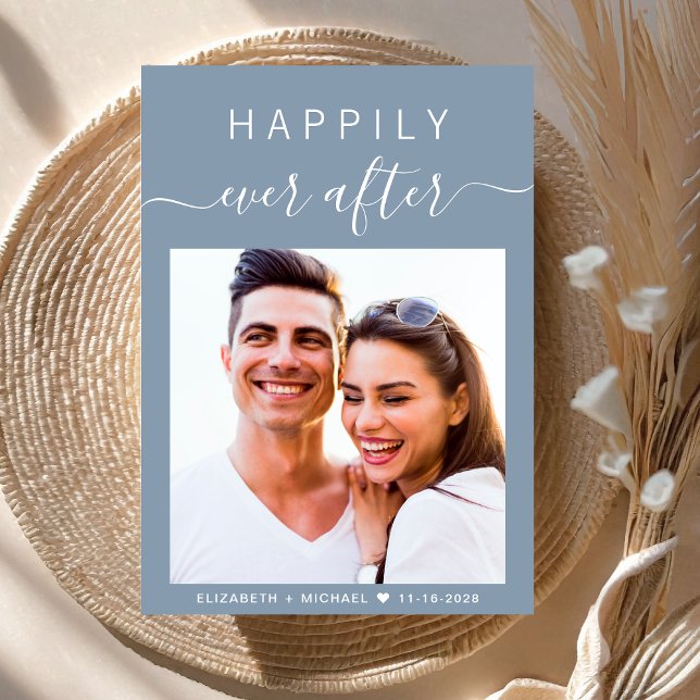Convite Código QR de Foto Chic tudo em um casamento azul e (An chic Happily Ever After photo wedding invitation to set the tone for an unforgettable event)