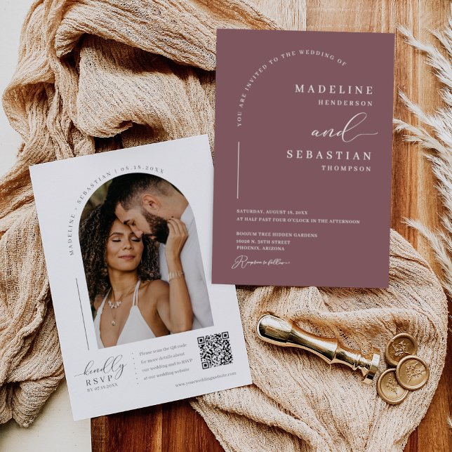 Convite Código QR de Foto de Arco Mínimo Dusty Purple Mode (Criador carregado)