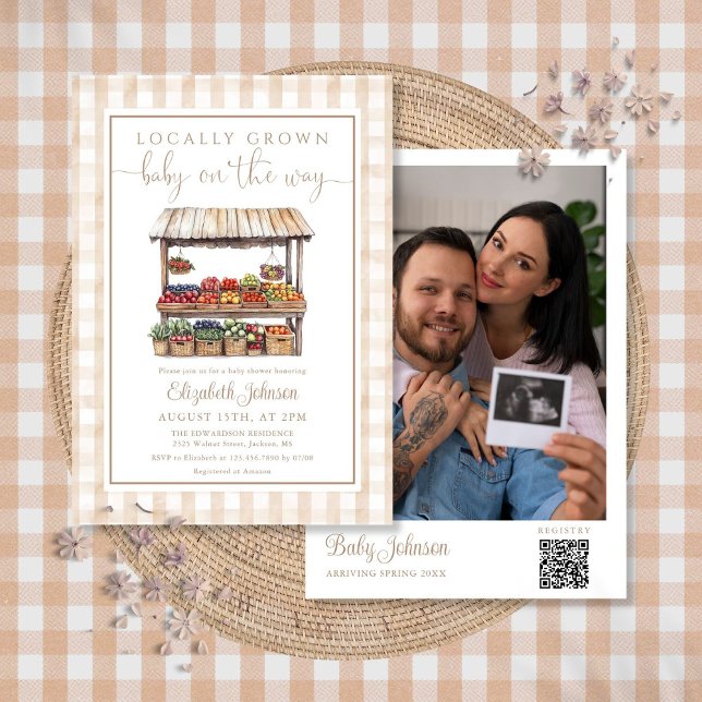 Convite Código QR de foto de baby shower neutro de produçã (Locally Grown Neutral Baby Shower Photo QR Code Invitation)