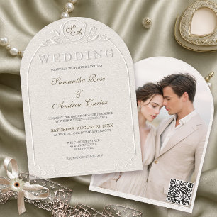 Convite Código QR de Foto de Casamento com Arco de Monogra