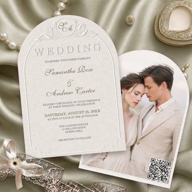 Convite Código QR de Foto de Casamento com Arco de Monogra (Criador carregado)