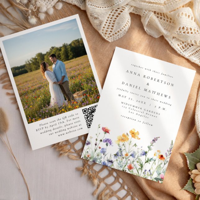 Convite Código QR de Foto de Casamento com Flor Silvestre  (Criador carregado)