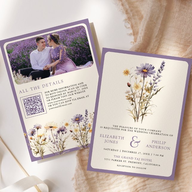 Convite Código QR de Foto de Casamento com Flor Silvestre  (Criador carregado)