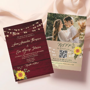 Convite Código QR de Foto de Casamento com Girassóis Rústi