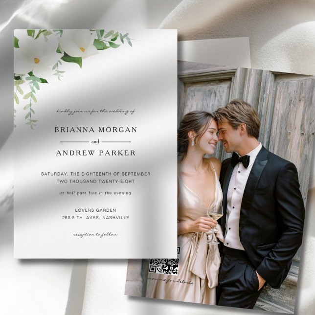 Convite Código QR de Foto de Casamento com Magnólia Floral (Elegant Floral Magnolia Wedding Photo QR Code Invitation)