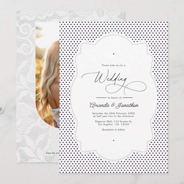 Convite Código QR de Foto de Casamento com Moldura de Rend (Frente/Verso)