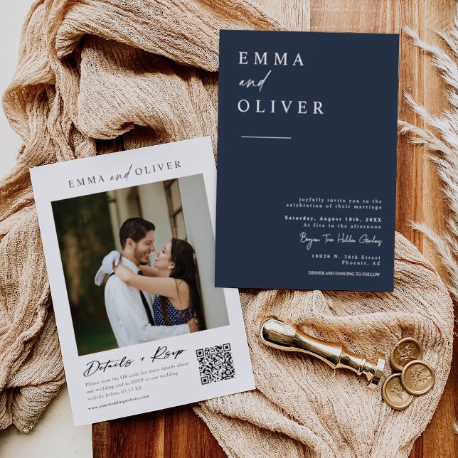 Convite Código QR de Foto de Casamento de Boho Azul do Mar (Criador carregado)