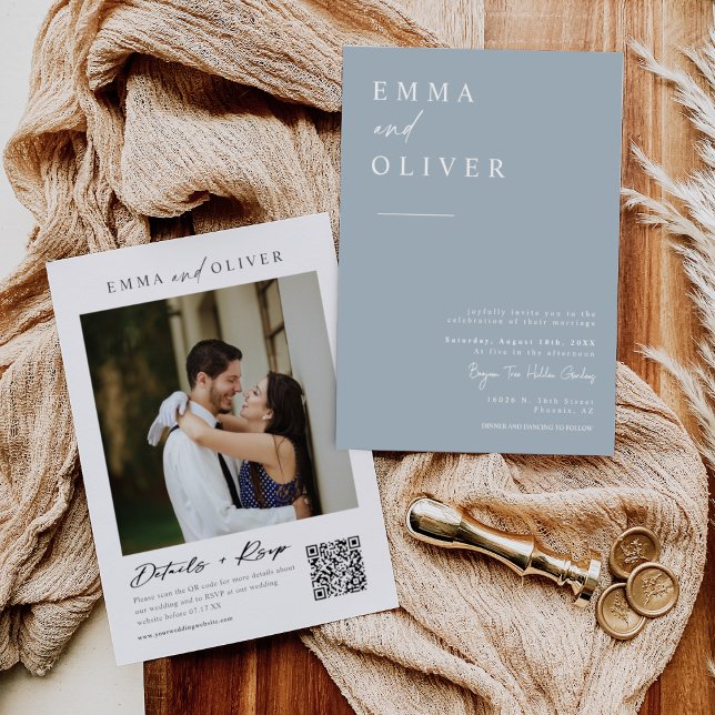 Convite Código QR de Foto de Casamento de Boho Azul Modern (Criador carregado)