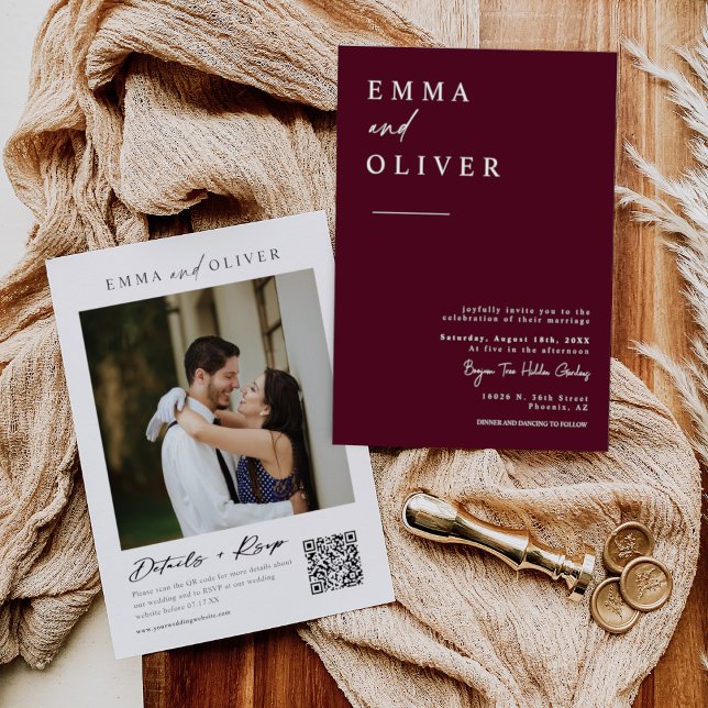 Convite Código QR de Foto de Casamento de Boho Moderno Bur (Criador carregado)