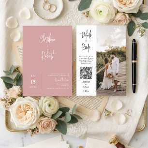 Convite Código QR de Foto de Casamento de Boho Rosa Modern