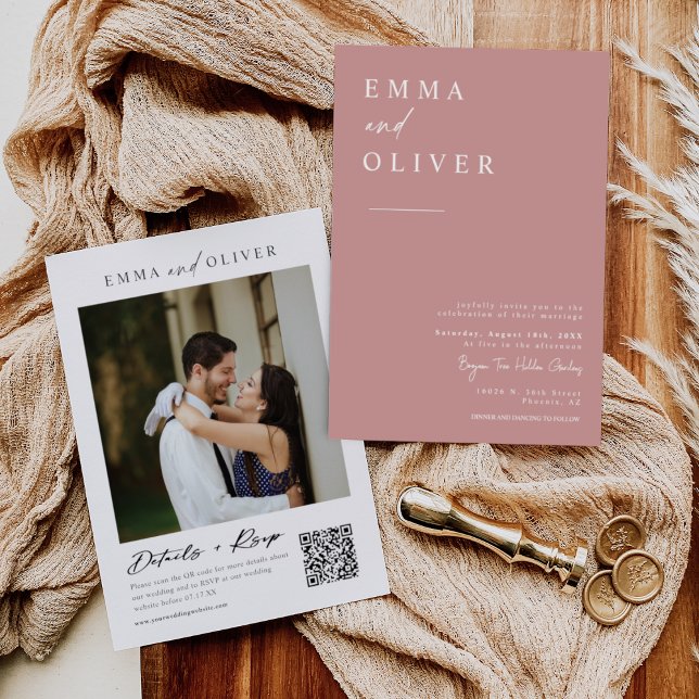 Convite Código QR de Foto de Casamento de Boho Rosa Modern (Criador carregado)