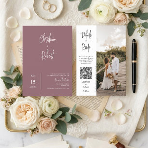 Convite Código QR de Foto de Casamento de Boho Roxo Modern