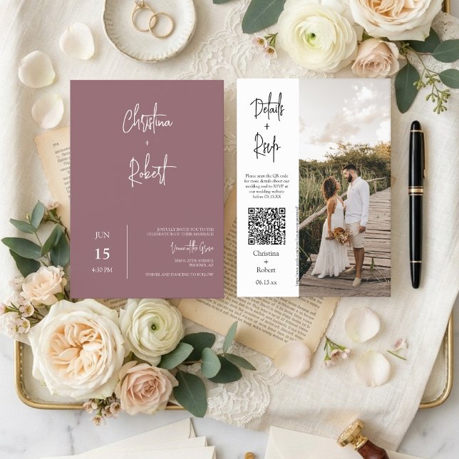 Convite Código QR de Foto de Casamento de Boho Roxo Modern (Criador carregado)