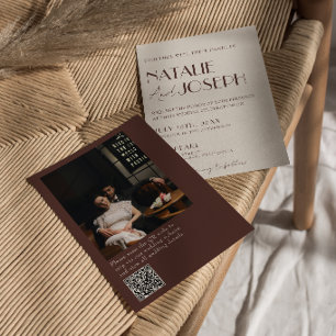Convite Código QR de Foto de Casamento em Chocolate Marrom