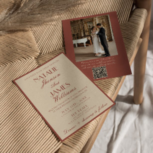 Convite Código QR de Foto de Casamento em Cobre de Auburn