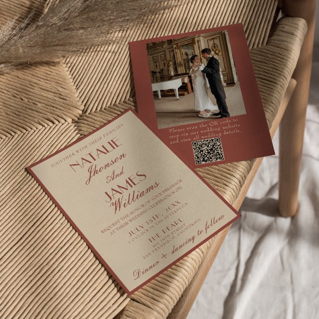 Convite Código QR de Foto de Casamento em Cobre de Auburn  (Criador carregado)