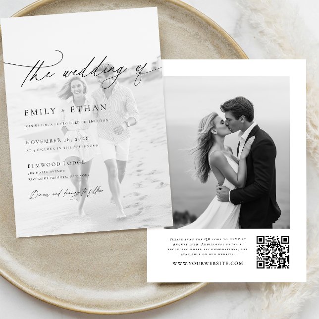 Convite Código QR de Foto de Casamento em Script Boho (Criador carregado)