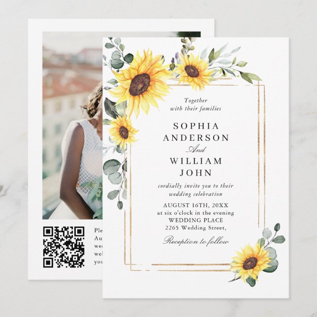 Convite Código QR de Foto de Casamento Eucalyptus Sunflowe (Frente/Verso)