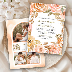 Convite Código QR de Foto de Casamento Floral Terroso de O