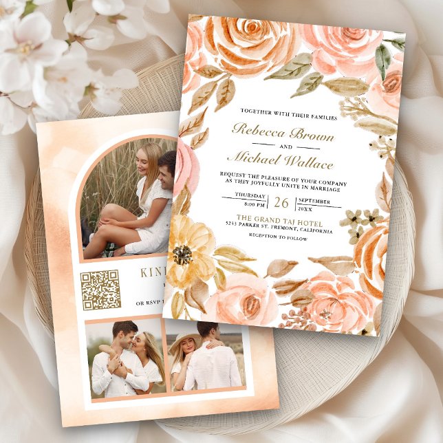 Convite Código QR de Foto de Casamento Floral Terroso de O (Criador carregado)