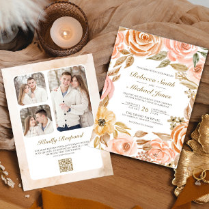Convite Código QR de Foto de Casamento Floral Terroso Rúst