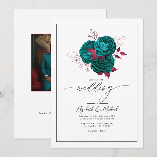 Convite Código QR de Foto de Casamento Floral Turquesa e B (Frente/Verso)