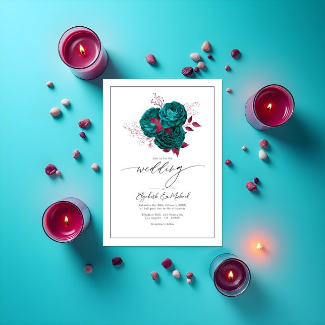 Convite Código QR de Foto de Casamento Floral Turquoise &  (Turquoise & Burgundy Floral Wedding Photo QR Code Invitation)