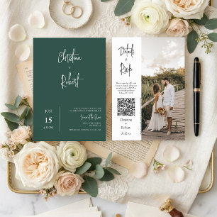 Convite Código QR de Foto de Casamento Minimal Boho Verde 