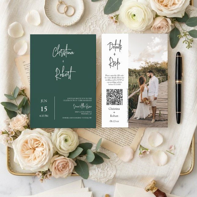 Convite Código QR de Foto de Casamento Minimal Boho Verde  (Criador carregado)