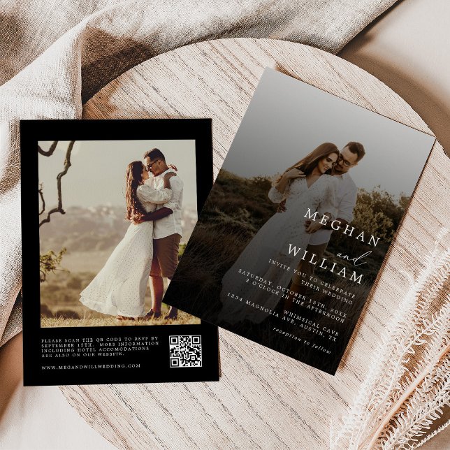 Convite Código QR de Foto de Casamento Negro Elegante Mode (Criador carregado)