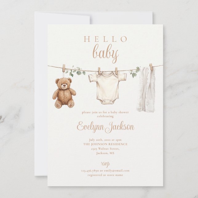 Convite Código QR de foto de chá de bebê Clothesline Neutr (Frente)