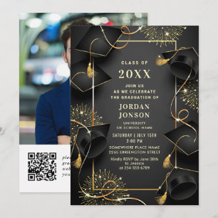 Convite Código QR de Foto de Festa de formatura Preta do O