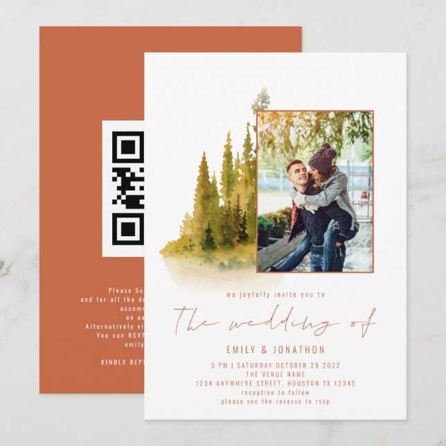 Convite Código QR de Foto de Floresta de Outono Casamento  (Frente/Verso)