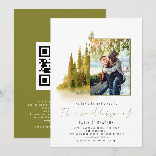 Convite Código QR de foto de floresta de outono Casamento  (Frente/Verso)