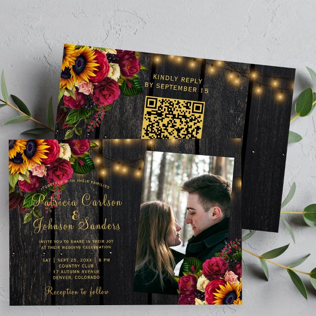 Convite Código QR de foto de girassóis e rosas para casame (Criador carregado)