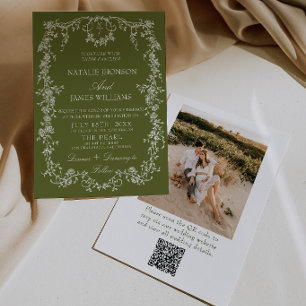 Convite Código QR de Foto de Jardim Floral Verde Oliva Cas