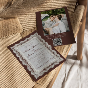 Convite Código QR de Foto de Renda Marrom Chocolate para C