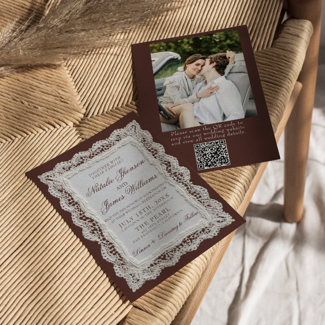 Convite Código QR de Foto de Renda Marrom Chocolate para C (Criador carregado)