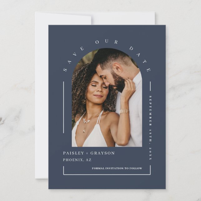 Convite Código QR de Foto do Arch do Boho Azul do marinho  (Frente)