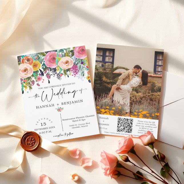 Convite Código QR de Foto do Arch Floral de Casamento Româ (Criador carregado)