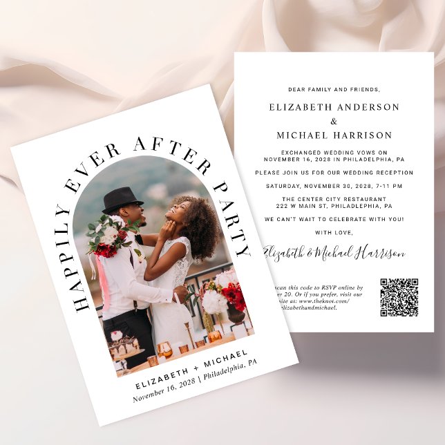 Convite Código QR de Foto do Arco Elegante para Recepção d (Celebrate your love story with an invitation showcasing your favorite photo in an elegant arch frame)
