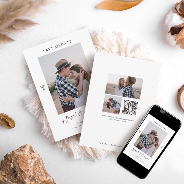 Convite Código QR de Foto do Casal Moderno Mínimo Salve a  (Minimal Modern Couple Photo QR Code Save The Date Invitation)