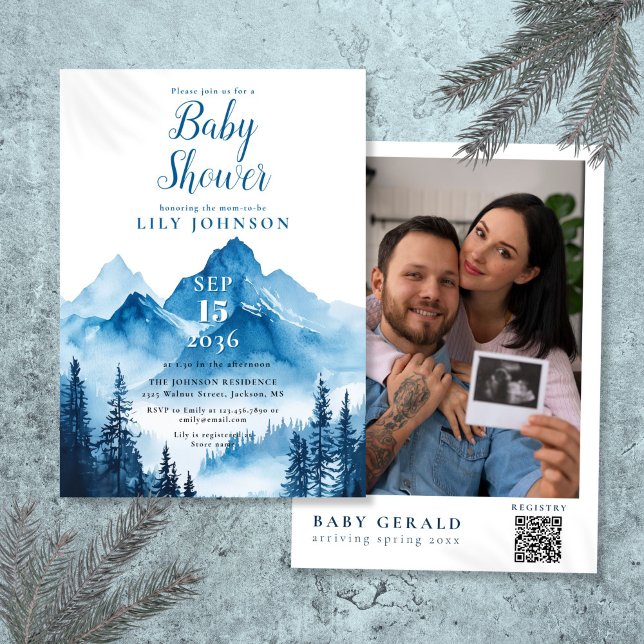 Convite Código QR de Foto do Chuveiro de Bebê Montanha Aqu (Blue Watercolor Mountain Baby Shower Photo QR Code Invitation)
