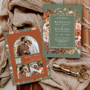Convite Código QR de Foto Floral de Terracota para Casamen