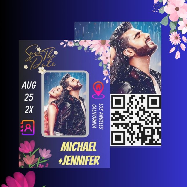 Convite Código QR de Foto Floral Moderno Casamento Salve a (Criador carregado)